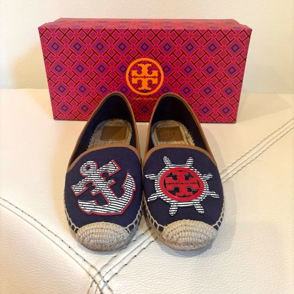 Tory Burch Women’s Maritime Flat Espadrille Size 8 Navy Canvas Nautical Anchor